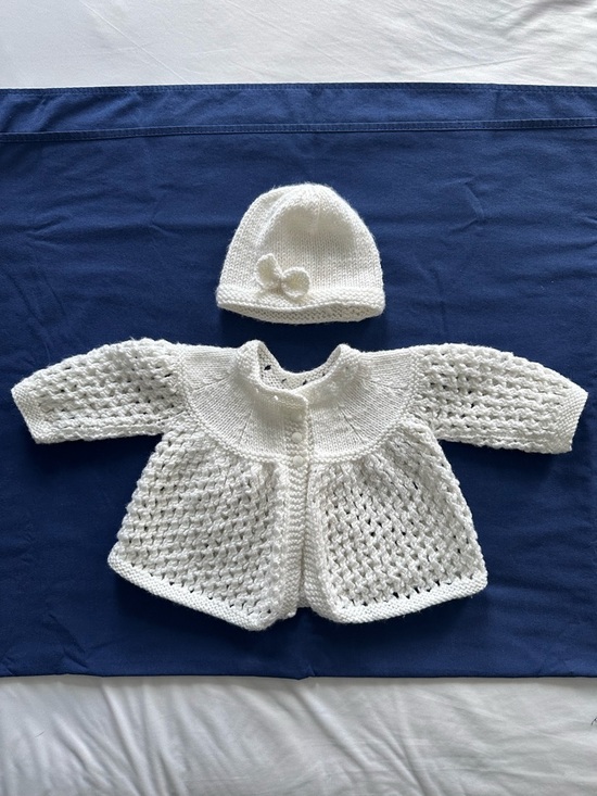 Hand Crafted Other - Handmade Hand Knit Baby Cardigan Sweater & Beanie Hat Set White 3-6M